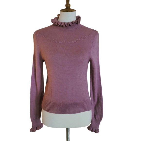 Vintage‎ 70's Private Line Mauve Ruffle Collar Embroidered Sweater - Picture 1 of 6